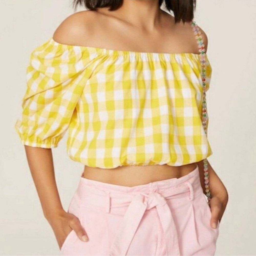 Color Me Courtney Kris Crop Top‎ Small Yellow Gingham Puff